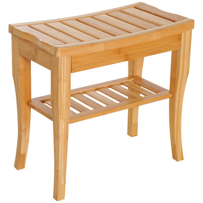 HOMCOM 45cm 2-Tier Slatted Shower Bench Storage Seat w/ 4 Legs Comfortable Safe Bathroom Stool Spa Bath Organiser 