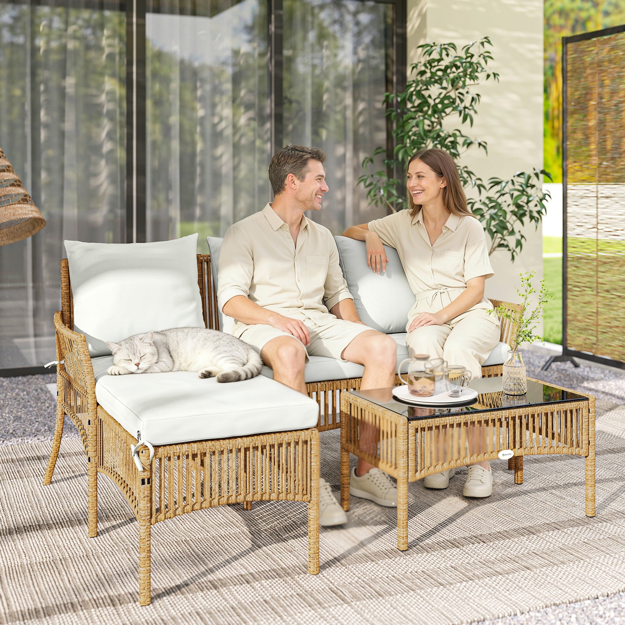 Outsunny 3 Piece Rattan Garden Furniture Corner Sofa Set with Chaise Lounge, Loveseat, Glass Coffee Table, Cushions, Natural Wood 