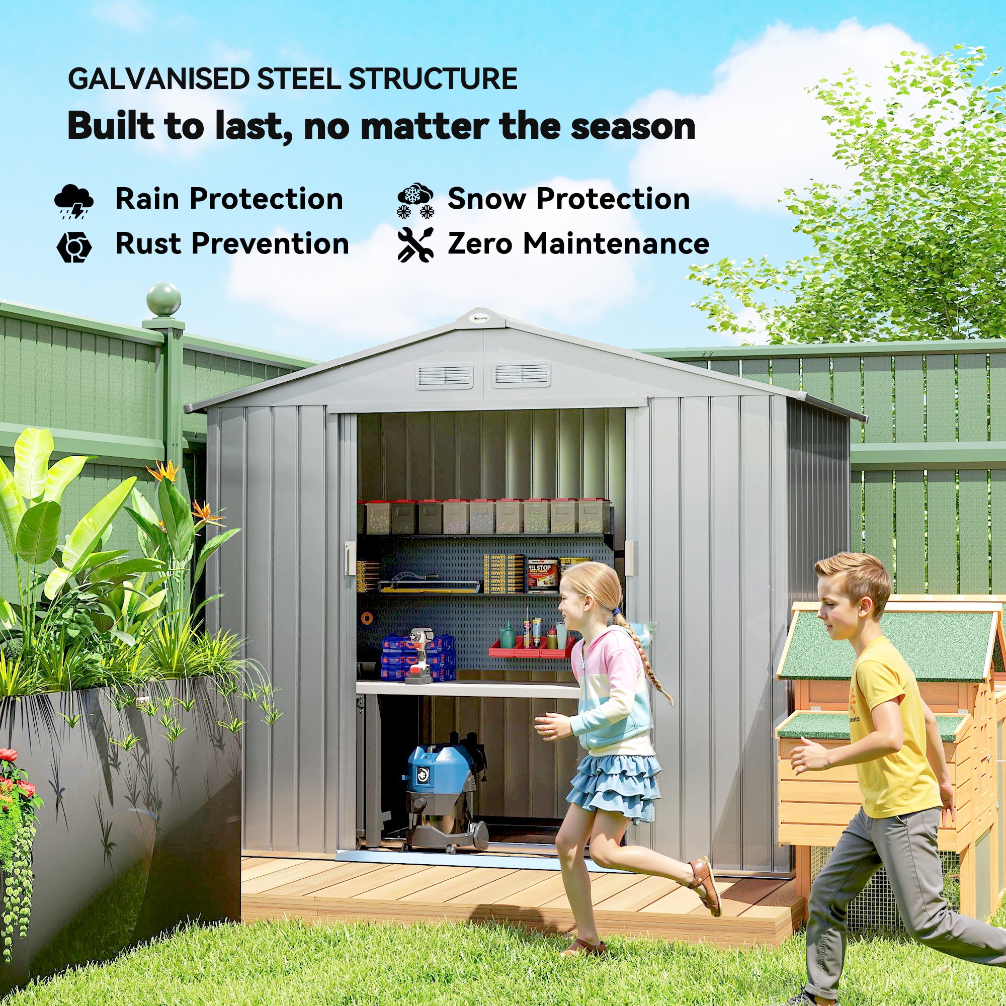 Outsunny 7 x 4ft Lockable Metal Garden Tool Storage Shed Storage - Light Grey 