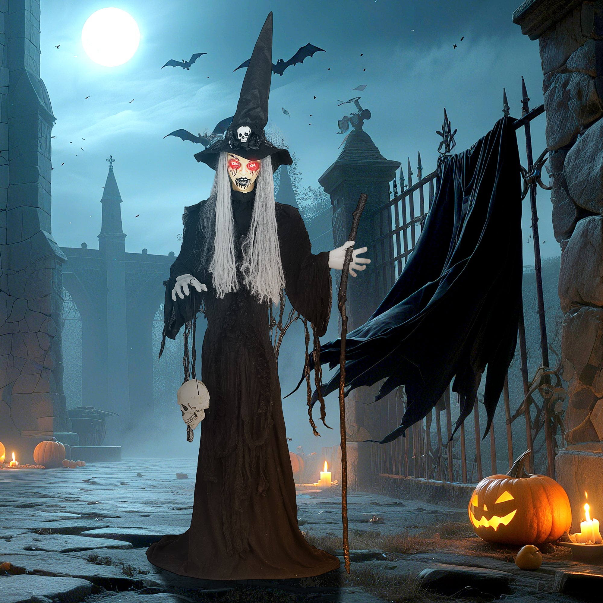 Outsunny 170 cm Life Size Halloween Animated Standing Witch & Staff with Glowing LED Eyes, Spooky Witch Scary Halloween Decorations, Battery Operated, Indoor Party Props