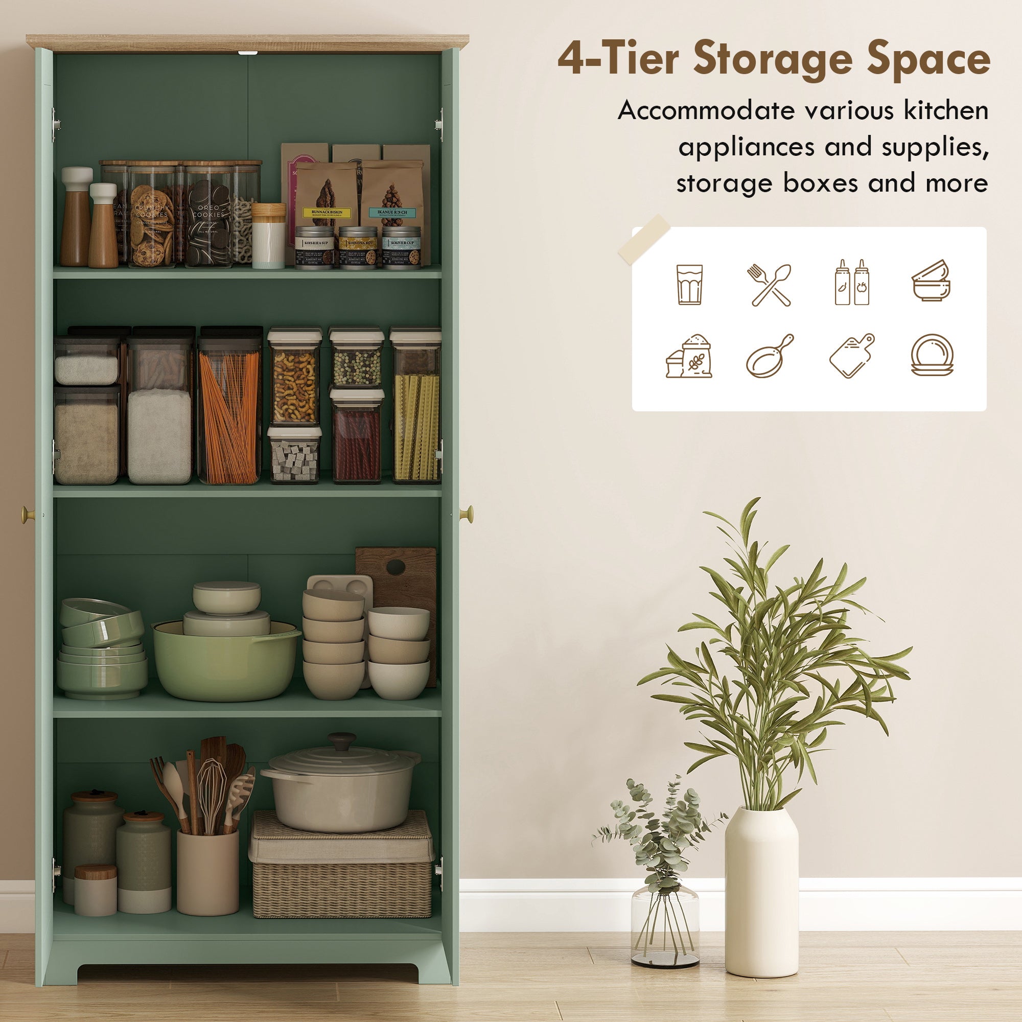HOMCOM Kitchen Cupboard, 172cm Freestanding Storage Cabinet with Doors and Shelves, Light Green 
