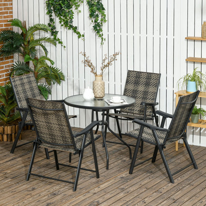 Outsunny 4 Seater Rattan Dining Set, Rattan Garden Furniture Set with Parasol Hole, Outdoor Dining Table and Chairs with 4 Armchairs, Round Glass Top Table for Patio, Balcony, Mixed Grey 
