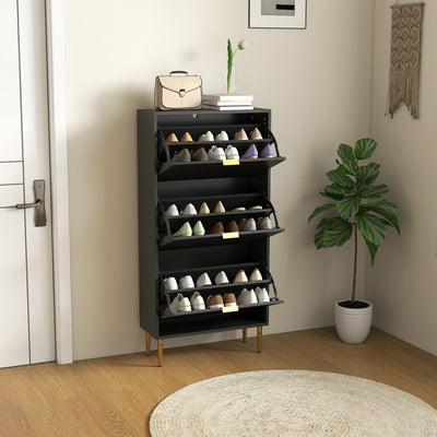 HOMCOM Narrow Shoe Cabinet with 3 Flip Drawers - Black 