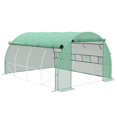 Outsunny Polytunnel Greenhouse Walk-in Grow House Tent with Roll-up Sidewalls, Zipped Door and 8 Windows, 4x3x2m Green 