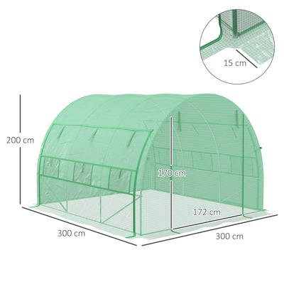 Outsunny Polytunnel Greenhouse Walk-in Grow House Tent with Roll-up Sidewalls, Zipped Door and 6 Windows, 3x3x2m Green 