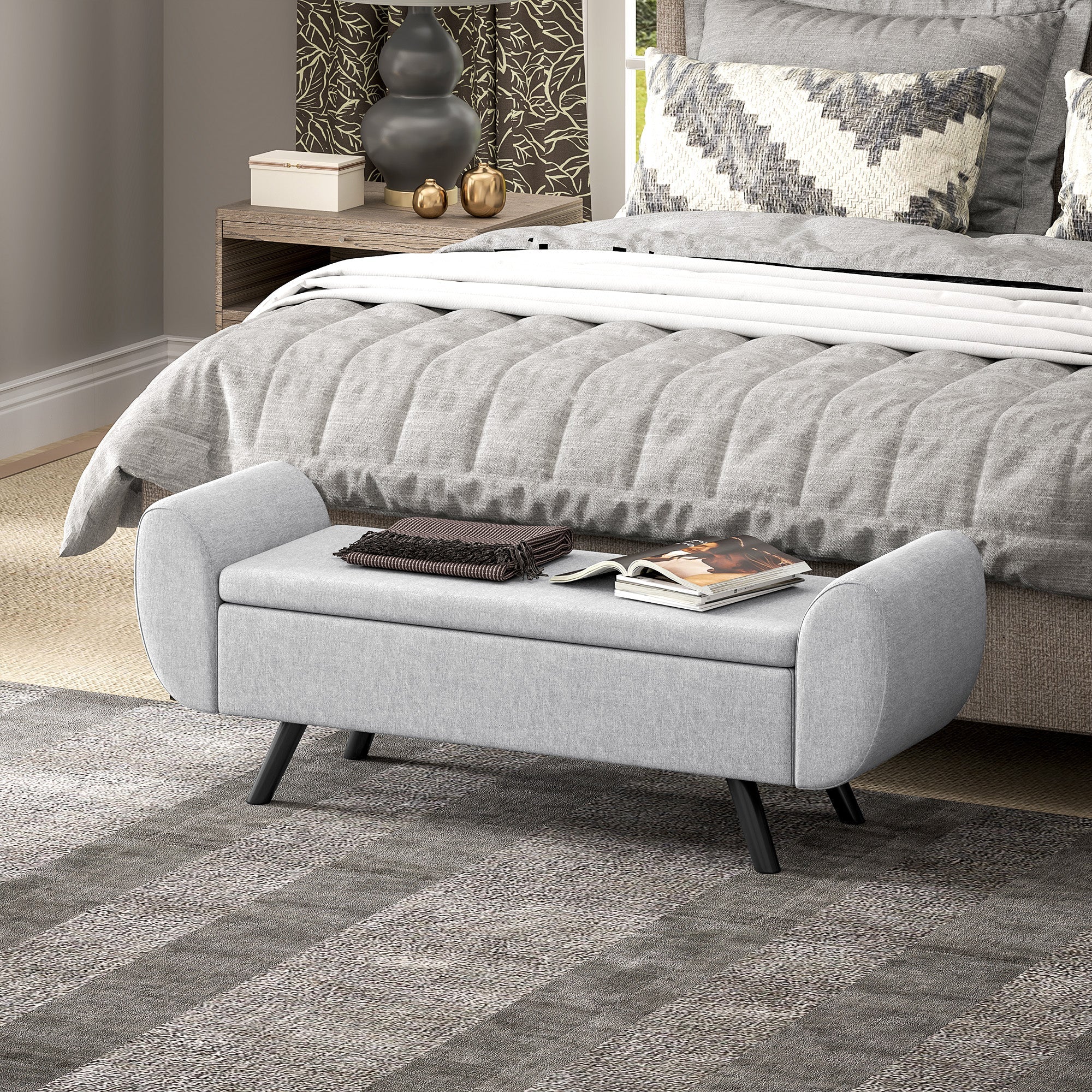 HOMCOM Storage Ottoman with Armrest, Upholstered Linen Storage Bench, Window Seat with Rubberwood Legs, Footstool for Bedroom Living Room, Hallway, Light Grey 