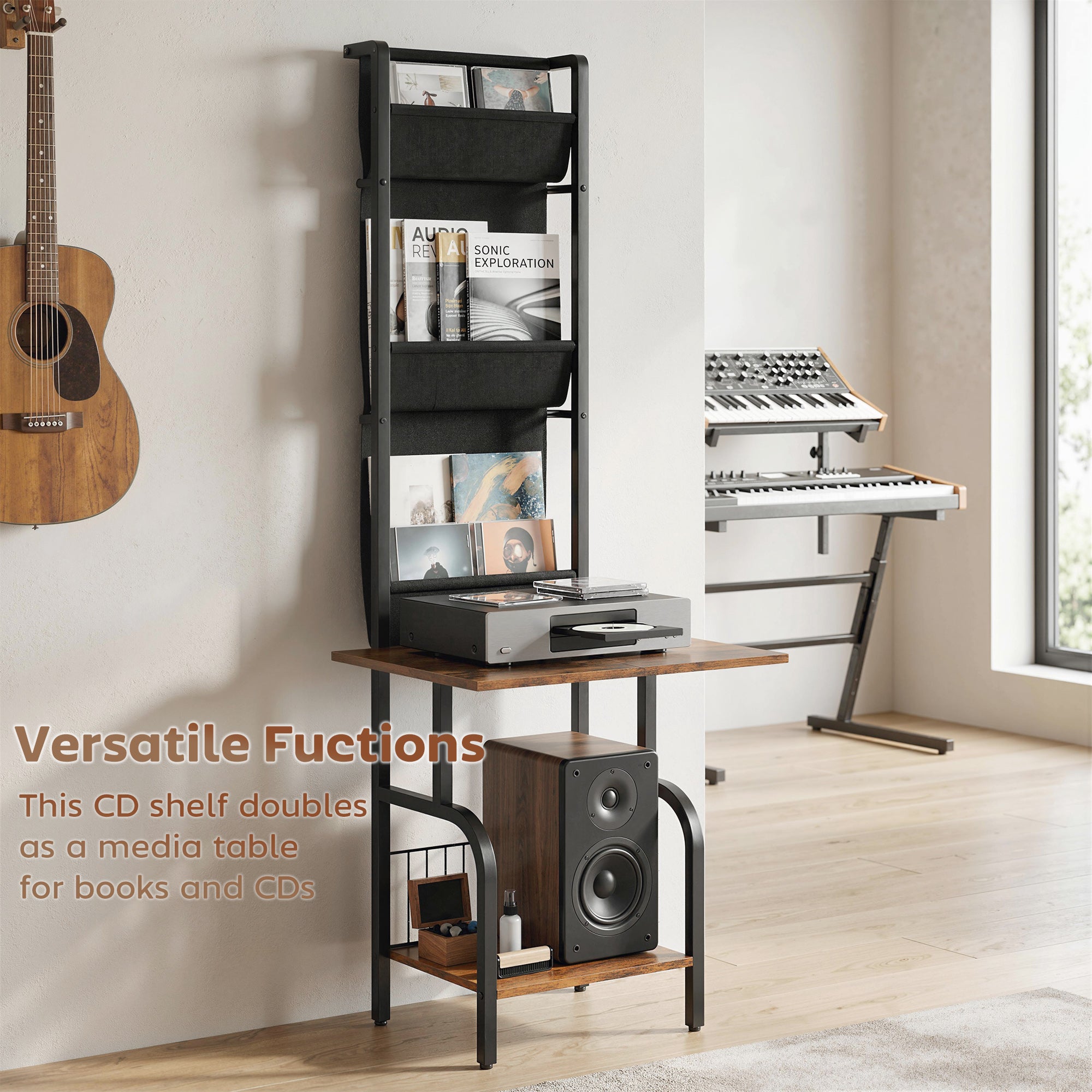 HOMCOM Vinyl Record Player Stand Record Storage with Player Stand Oxford Fabric Pockets Bottom Shelf Rustic Brown and Black 
