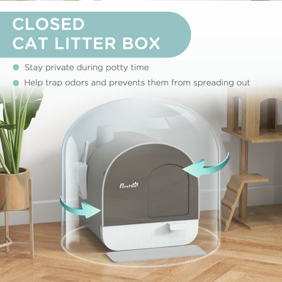 PawHut Hooded Cat Litter Box, Kitten Litter Tray, with Lid, Scoop, Filter, Flap Door, Light Grey 