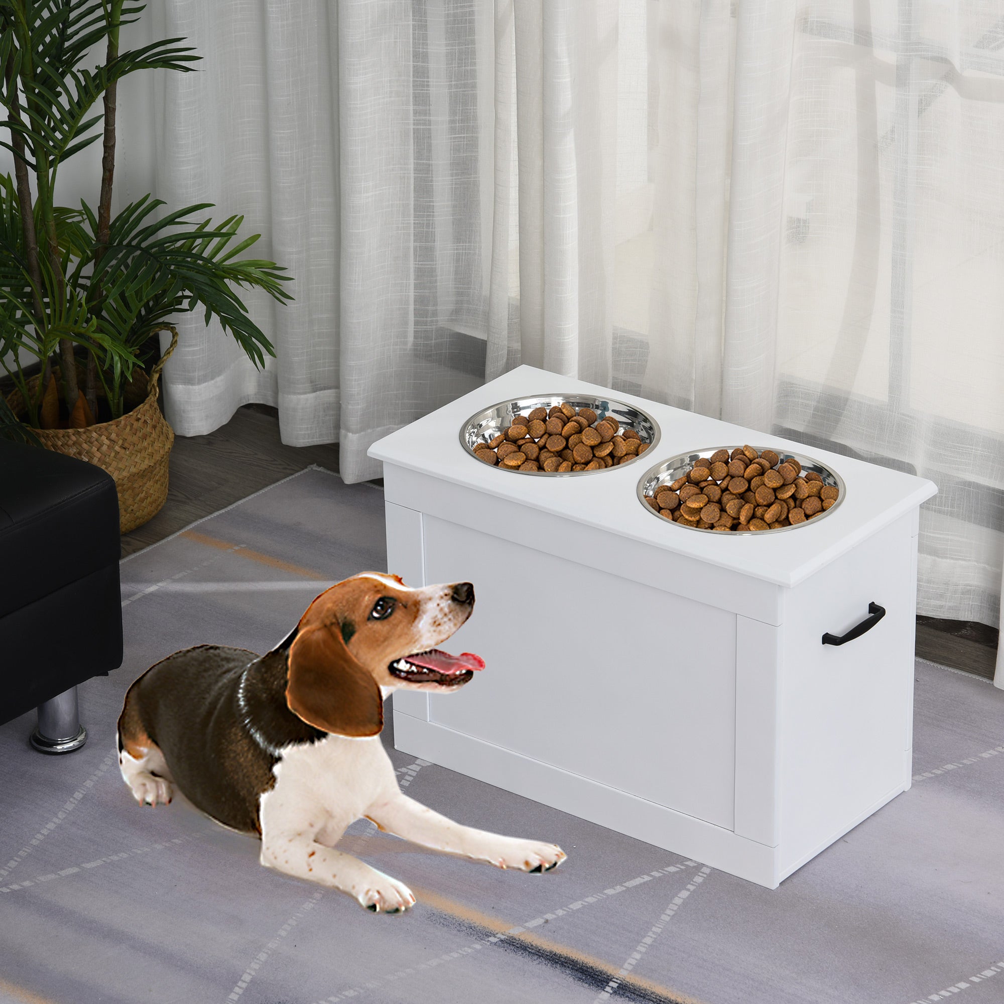PawHut Raised Dog Bowls, with Storage, Two Stainless Steel Bowls, Elevated Base - White 