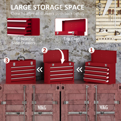 DURHAND Lockable Metal Tool Box, 4 Drawer Tool Chest with Latches, Handle, Ball Bearing Runners, Red 