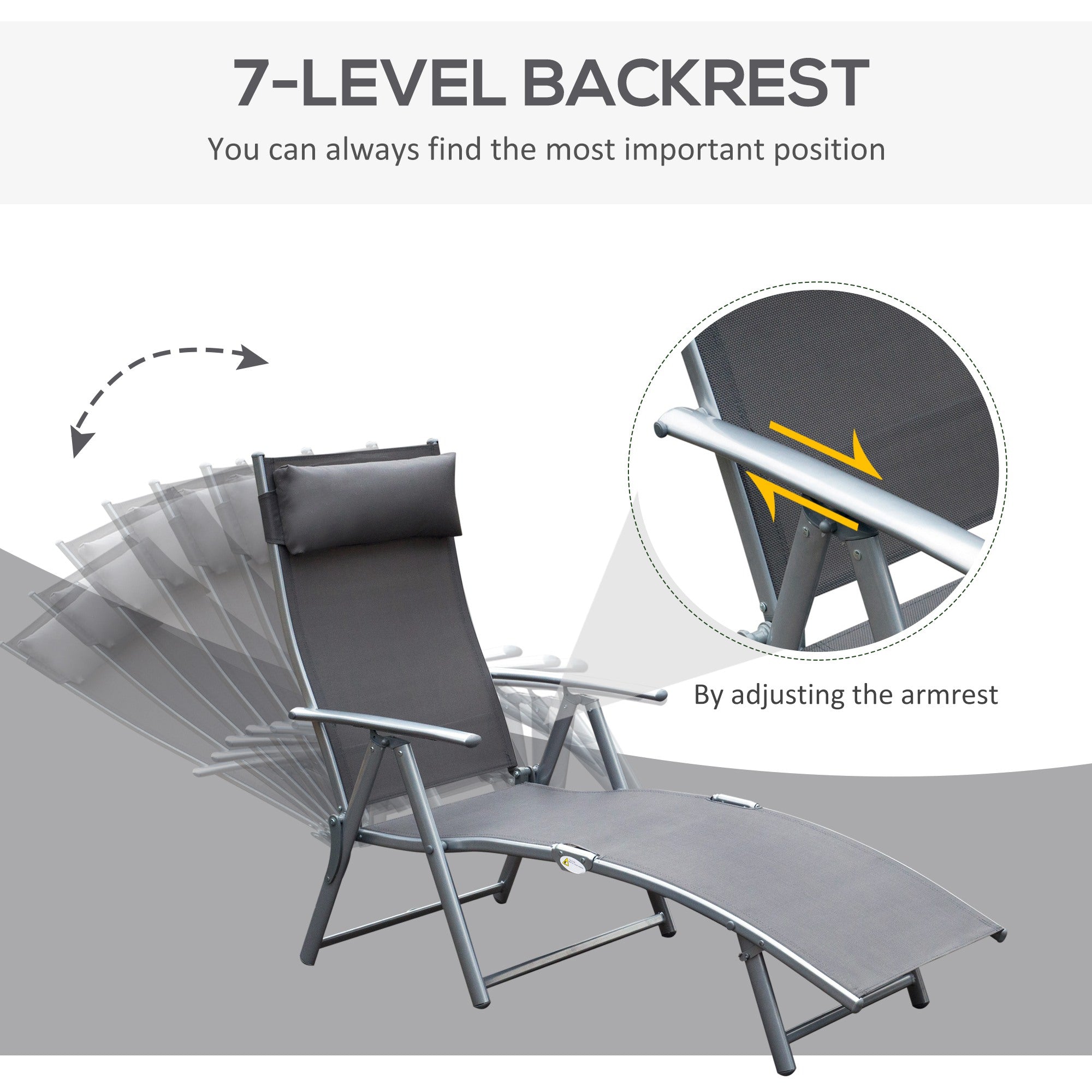 Outsunny Sun Lounger Steel Frame Outdoor Folding Chaise Texteline Lounge Chair Recliner with Headrest & 7 Levels Adjustable Backrest, Grey 