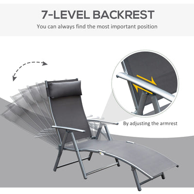 Outsunny Sun Lounger Steel Frame Outdoor Folding Chaise Texteline Lounge Chair Recliner with Headrest & 7 Levels Adjustable Backrest, Grey 