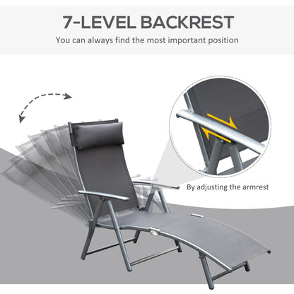 Outsunny Sun Lounger Steel Frame Outdoor Folding Chaise Texteline Lounge Chair Recliner with Headrest & 7 Levels Adjustable Backrest, Grey 