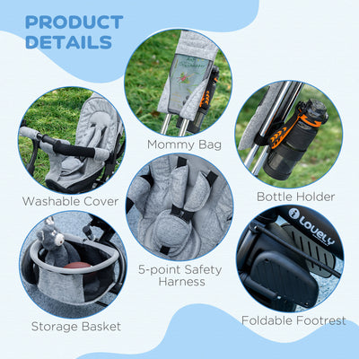 HOMCOM 6 in 1 Kids Trike with Parent Handle, Canopy, 5-point Safety Belt, Storage, Footrest, Brake, for 1-5 Years, Grey 