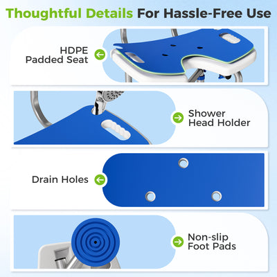 HOMCOM Shower Chair with U-Shaped Cutout, Height Adjustable Bath Bench, Padded Shower Stool for Elderly, Senior, Disabled, Blue 