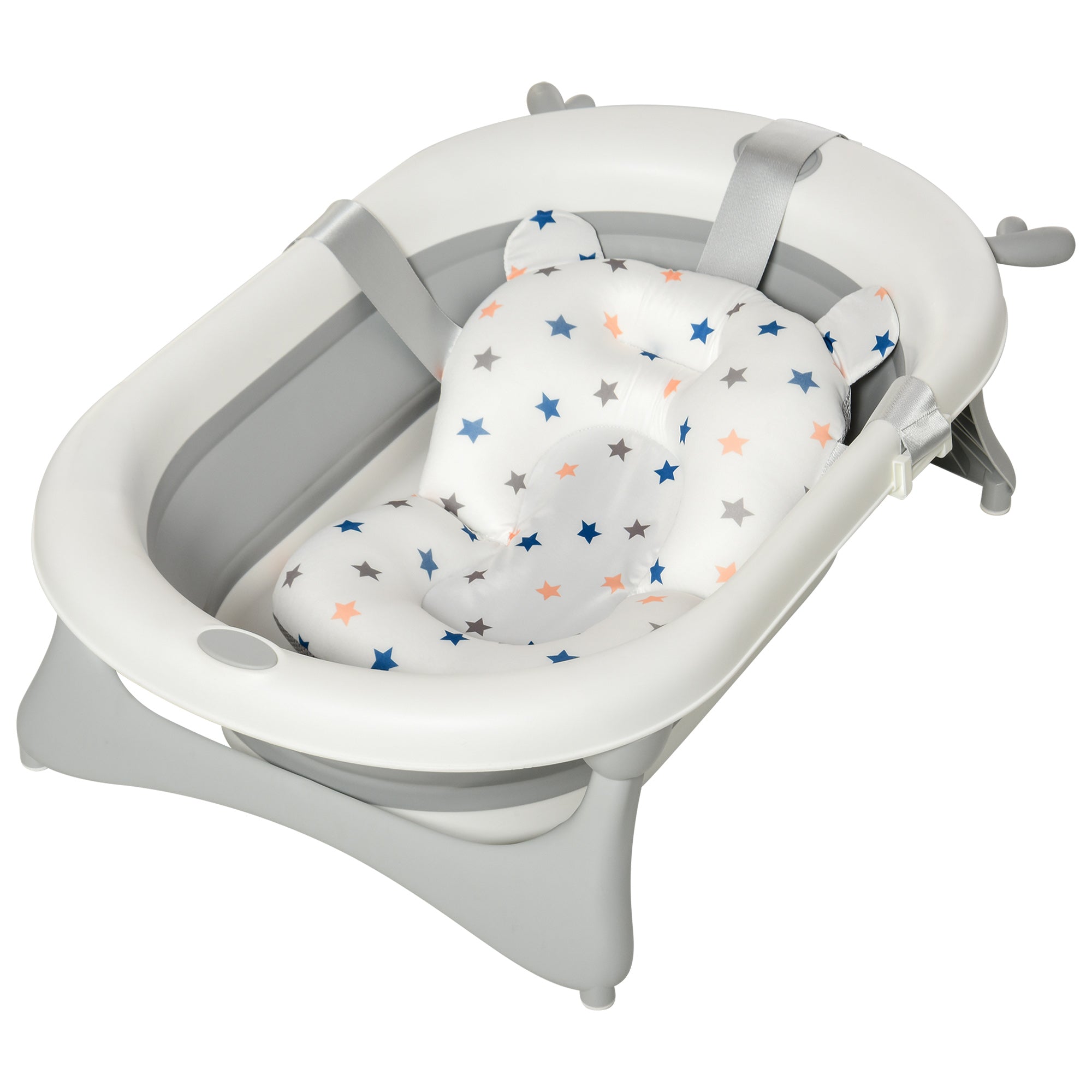 HOMCOM Foldable Baby Bathtub Set, Collapsible Bath Tub with Thermostatic Water Plug, Non-Slip Support, Cushion Pad, Drain Plugs, for Newborn to 3 Years - Offwhite 