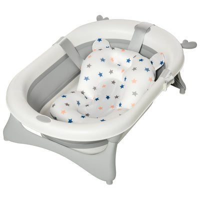 HOMCOM Foldable Baby Bathtub Set, Collapsible Bath Tub with Thermostatic Water Plug, Non-Slip Support, Cushion Pad, Drain Plugs, for Newborn to 3 Years - Offwhite 