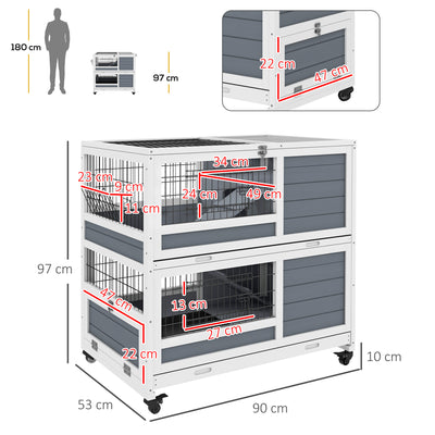 PawHut Double Deckers Guinea Pig Cage, Indoor Rabbit Hutch with Feeding Trough, Trays, Ramps, Openable Top - Grey 