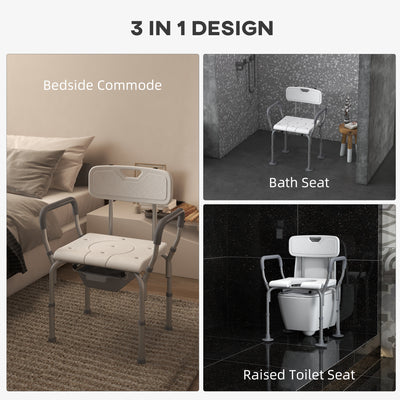 HOMCOM Height Adjustable Shower Stool with Arms and Back, Non-Slip Bedside Commode with Detachable Bucket for Elderly, White 
