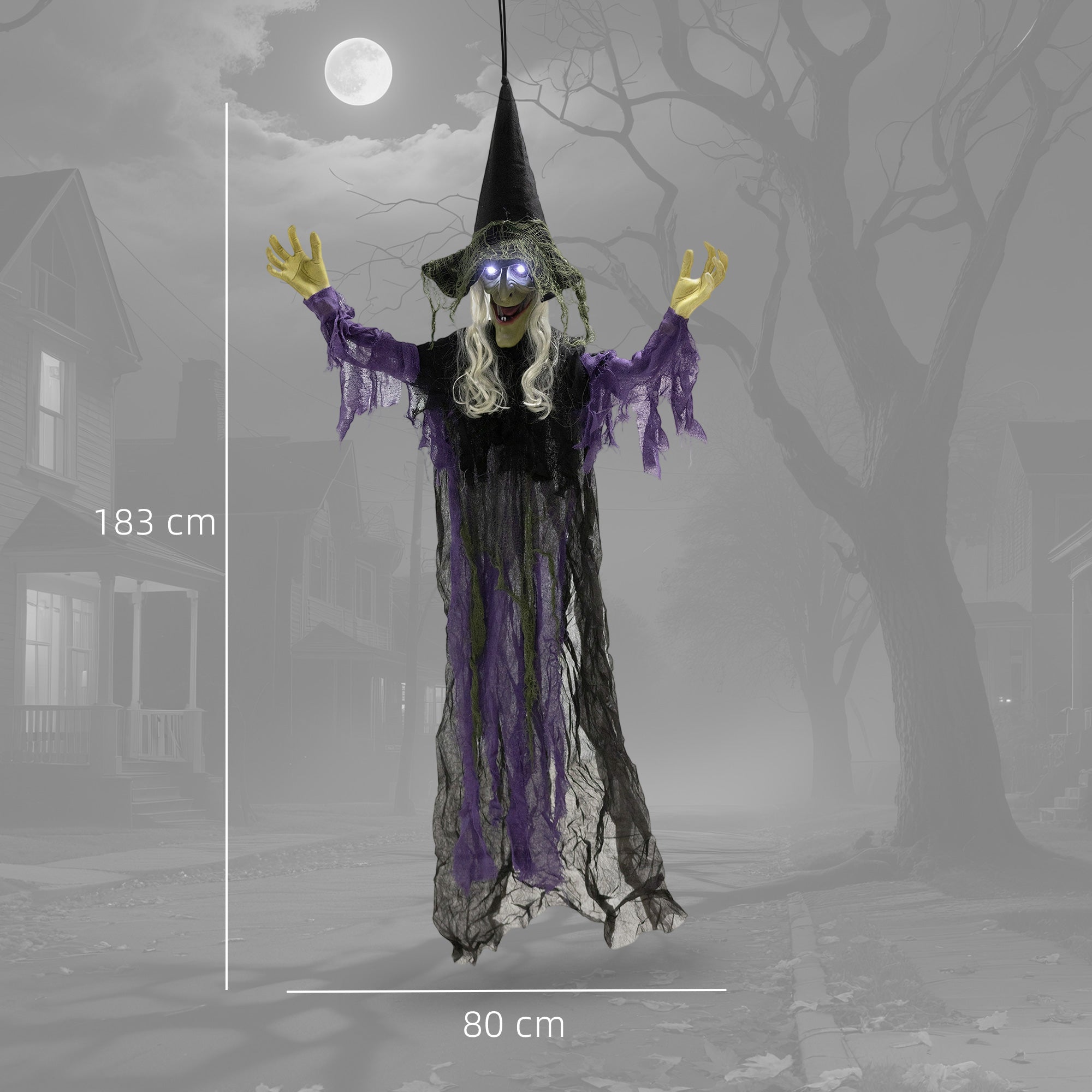 Outsunny 183 cm Life Size Halloween Animated Hanging Witch with Glowing LED Eyes, Spooky Witch Scary Halloween Decorations, Battery Operated, Indoor Party Props