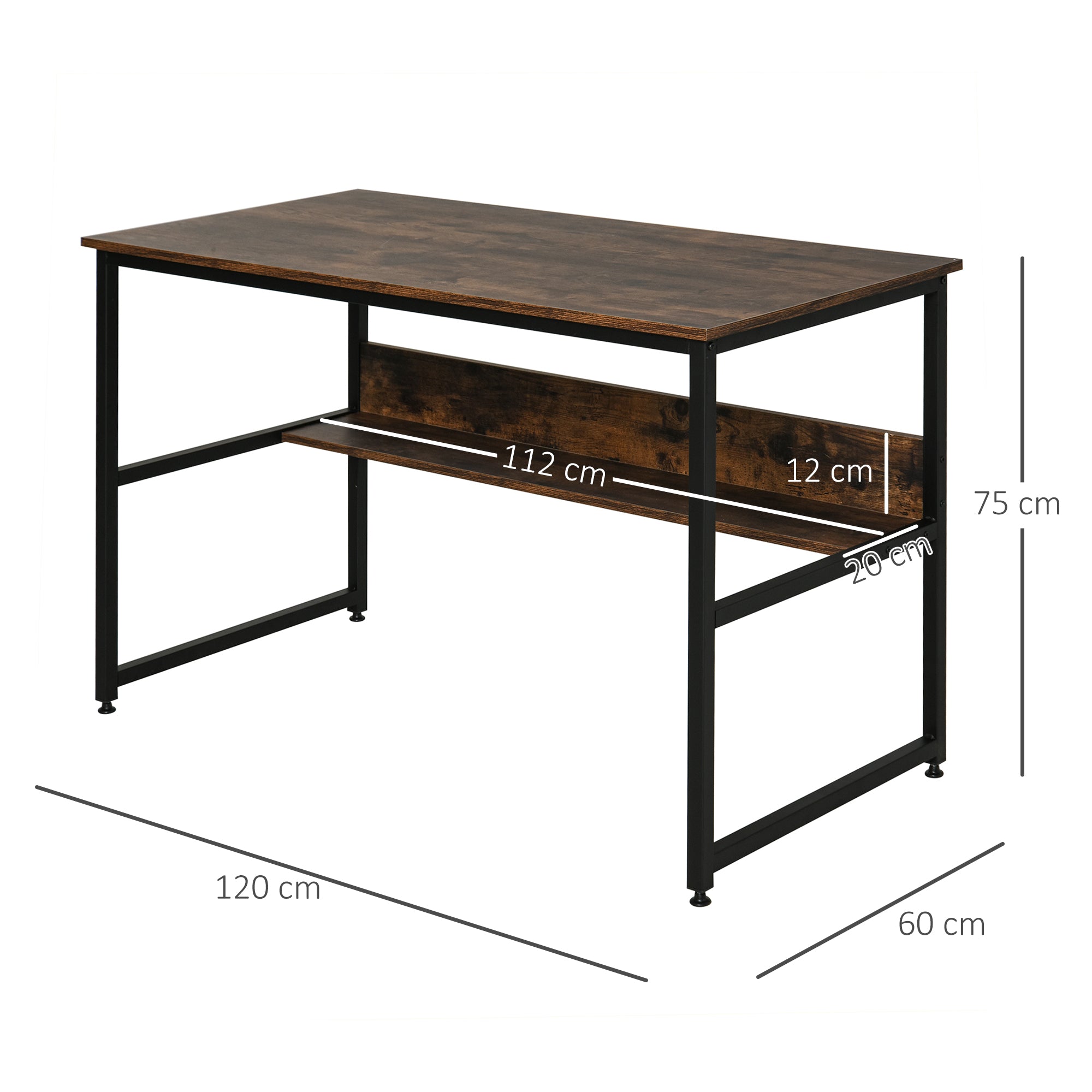 HOMCOM Computer Desk with Storage Shelf, 120 x 60cm Home Office Desk with Metal Frame, Study Table, Easy Assembly, Rustic Brown 