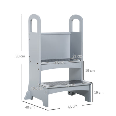 HOMCOM Kids Wooden Step Stool Kitchen Helper w/ Non-Slip Panels Handles Child Toddler Home Help 3 - 8 Yrs Grey 