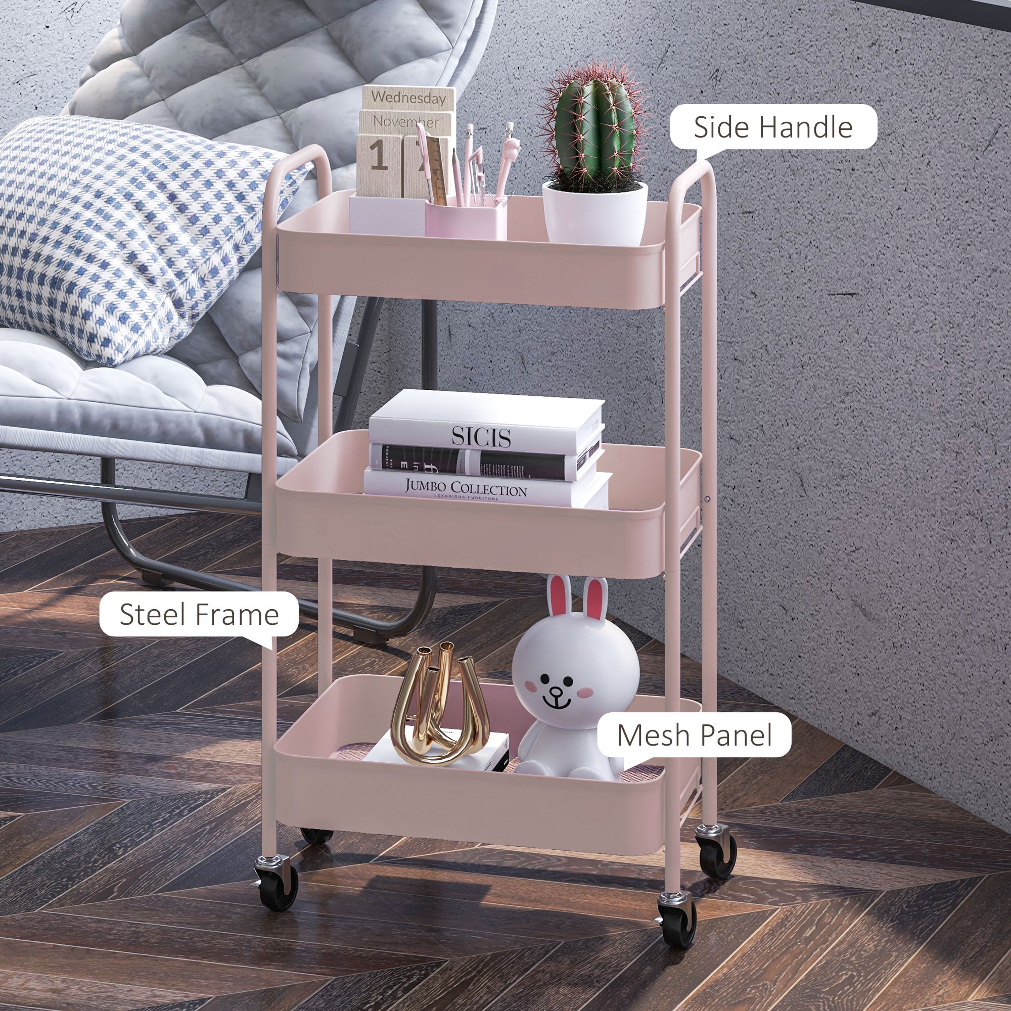 HOMCOM Three-Tier Steel Storage Trolley - Pink 