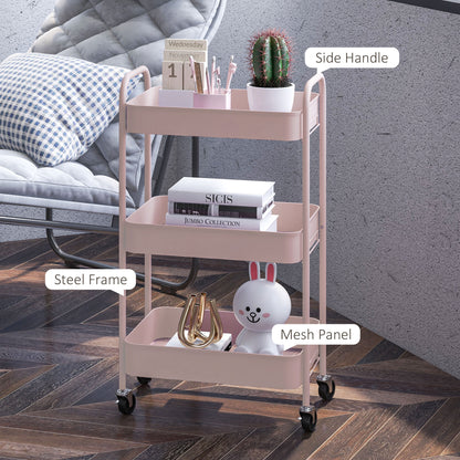 HOMCOM Three-Tier Steel Storage Trolley - Pink 