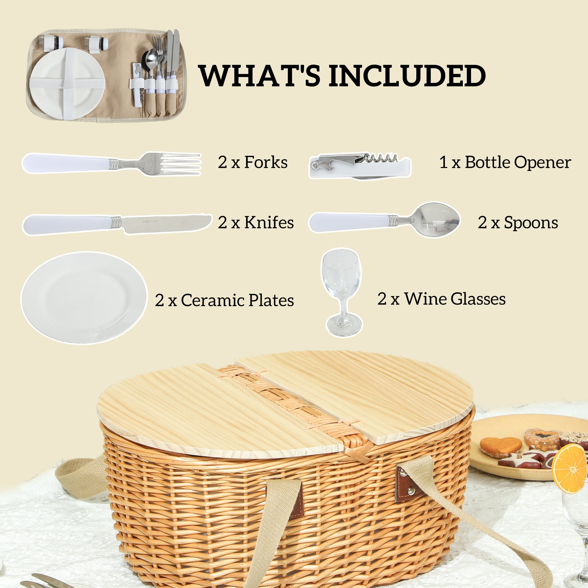 Outsunny Wicker Picnic Basket for 2 with Pine Wood Lid, Picnic Hamper with Cooler Compartment, Cutlery Service Kits, Carry Handle for Camping, Outdoor, Valentine Day, Chirtmas, Birthday, Light Brown 
