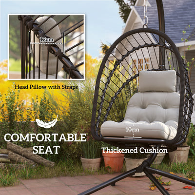 Outsunny Outdoor PE Rattan Swing Chair with Cushion, Garden Foldable Basket Patio Hanging Egg Chair with Metal Stand, Headrest, for Indoor and Outdoor, Black 