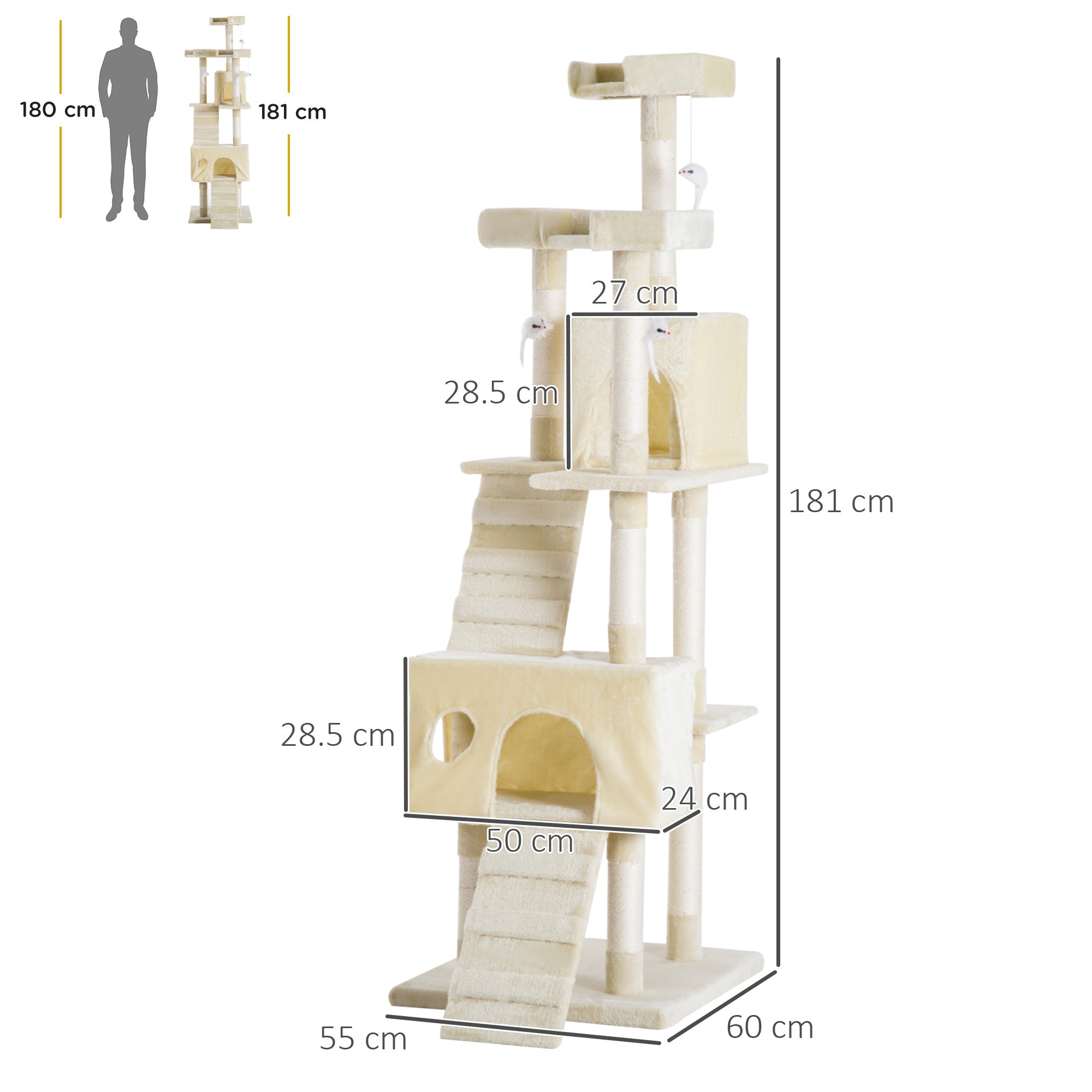 PawHut Cat Tree for Indoor Cats Play Tower Activity Center Kitten Scratch Post Climbing Tower 181 cm 