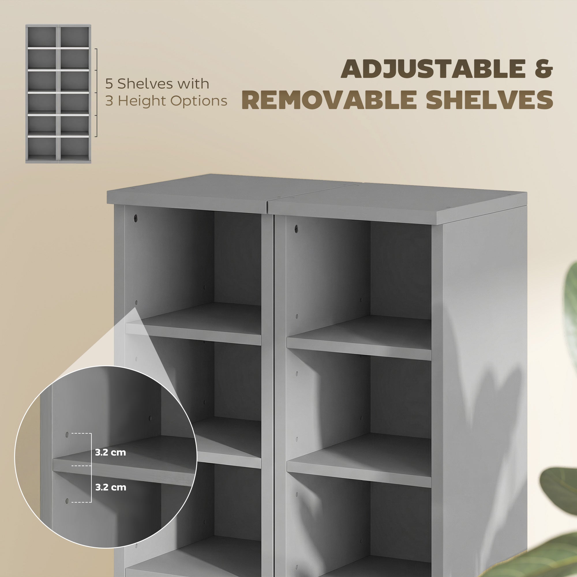 HOMCOM Set of 2 CD Media Display Shelf Unit Tower Rack with Adjustable Shelves, Light Grey 