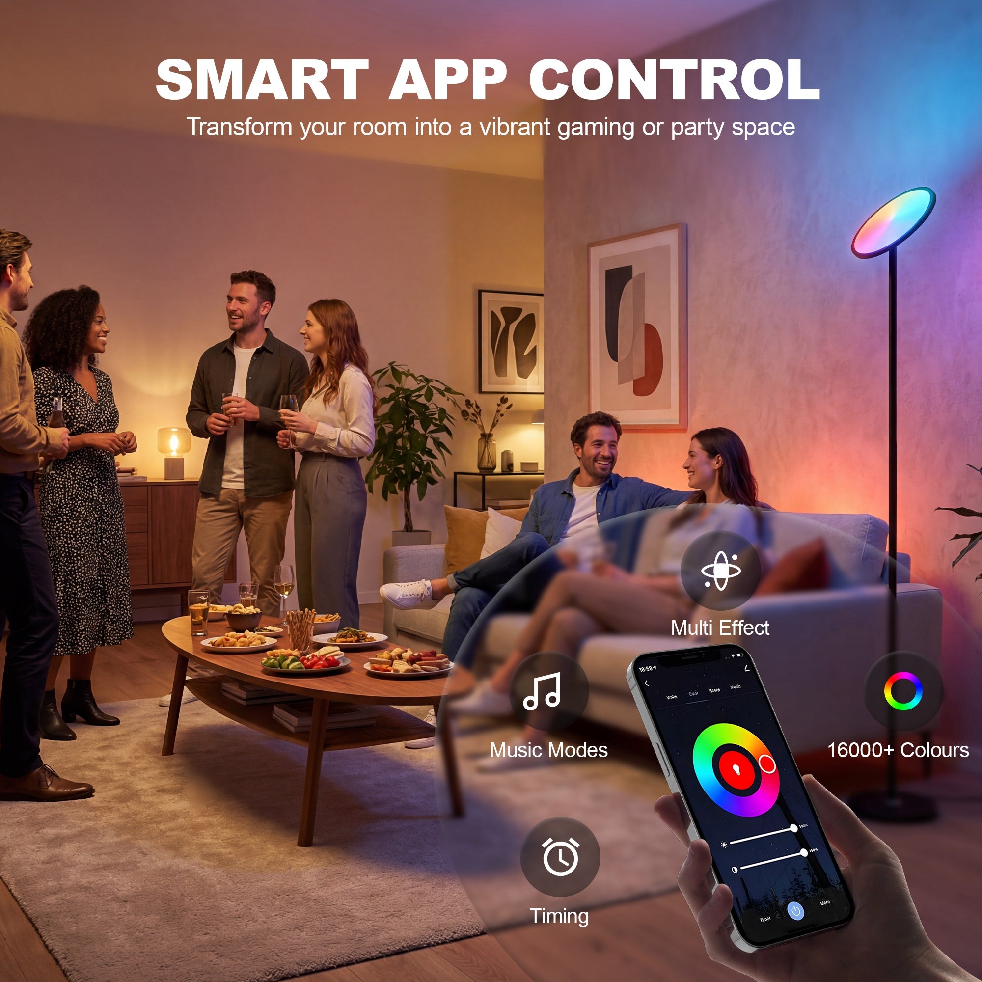HOMCOM Uplighter Floor Lamp with Tuya App and Music Sync, Standing Lamp with Adjustable Head for Living Room Bedroom, Black 