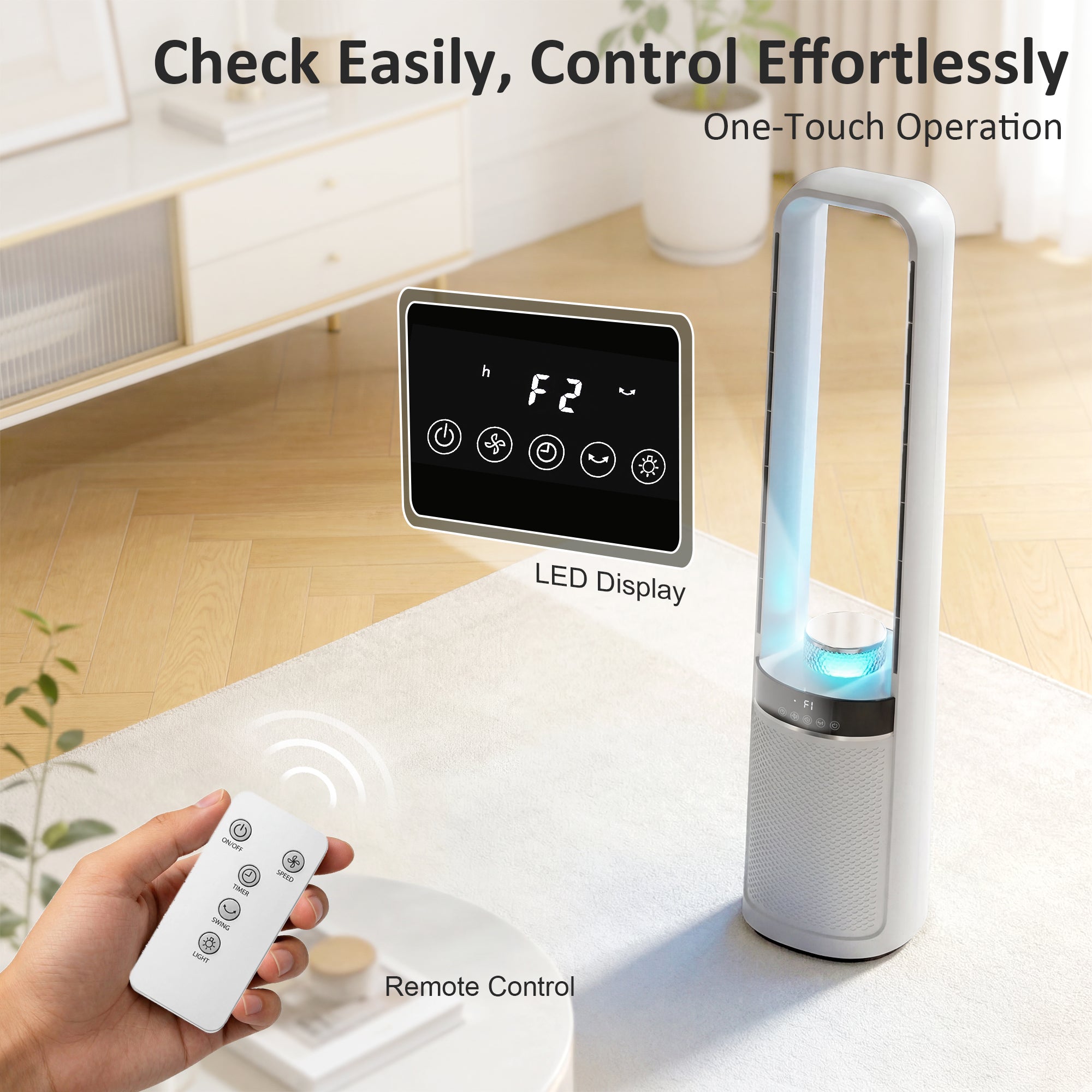 HOMCOM Bladeless Tower Fan, 36dB Standing Cooling Fan with Oscillating, LED Lights, 3 Speeds, 12H Timer, Remote Control 