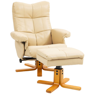 HOMCOM PU Leather Swivel Recliner Chair with Footstool, Wooden Base and Storage for Living Room, Beige 