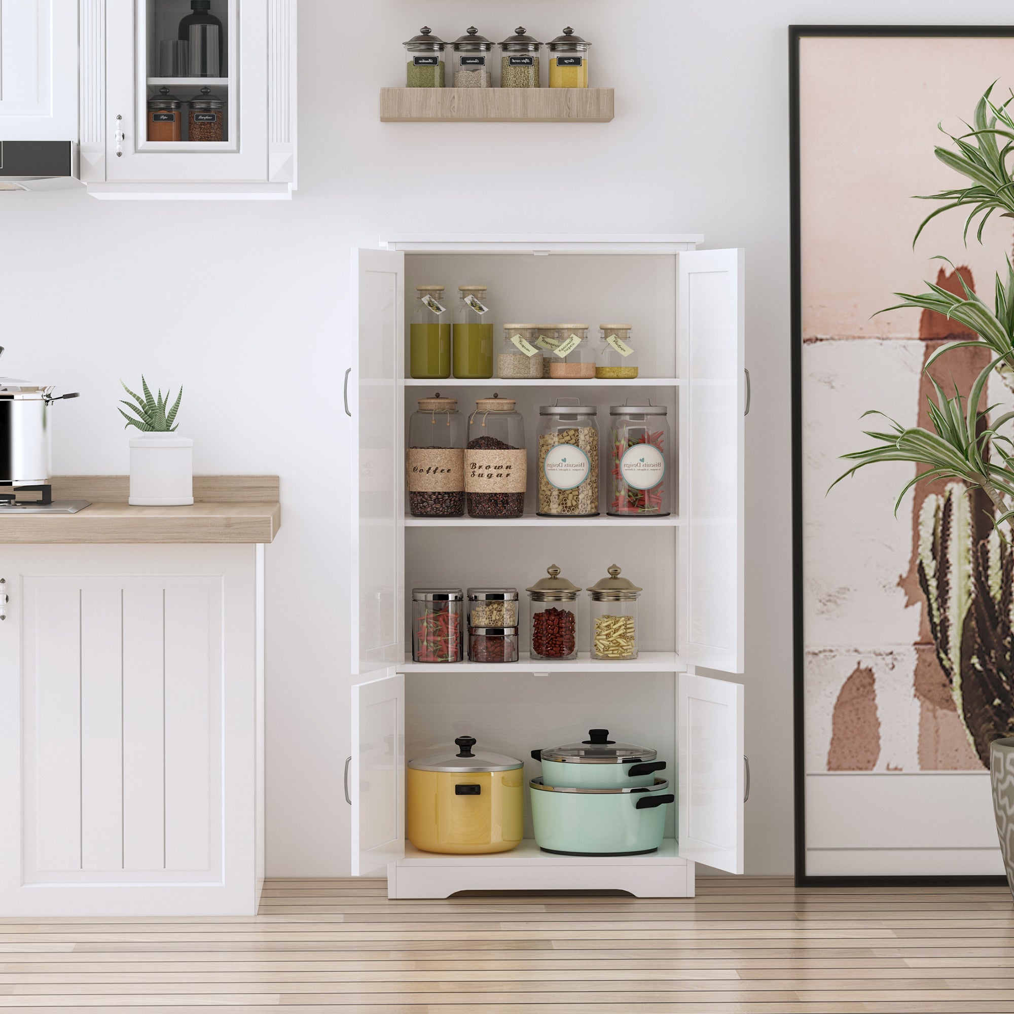 HOMCOM Accent Floor Storage Cabinet Kitchen Cupboard with Adjustable Shelves and 2 Lower Doors, White 