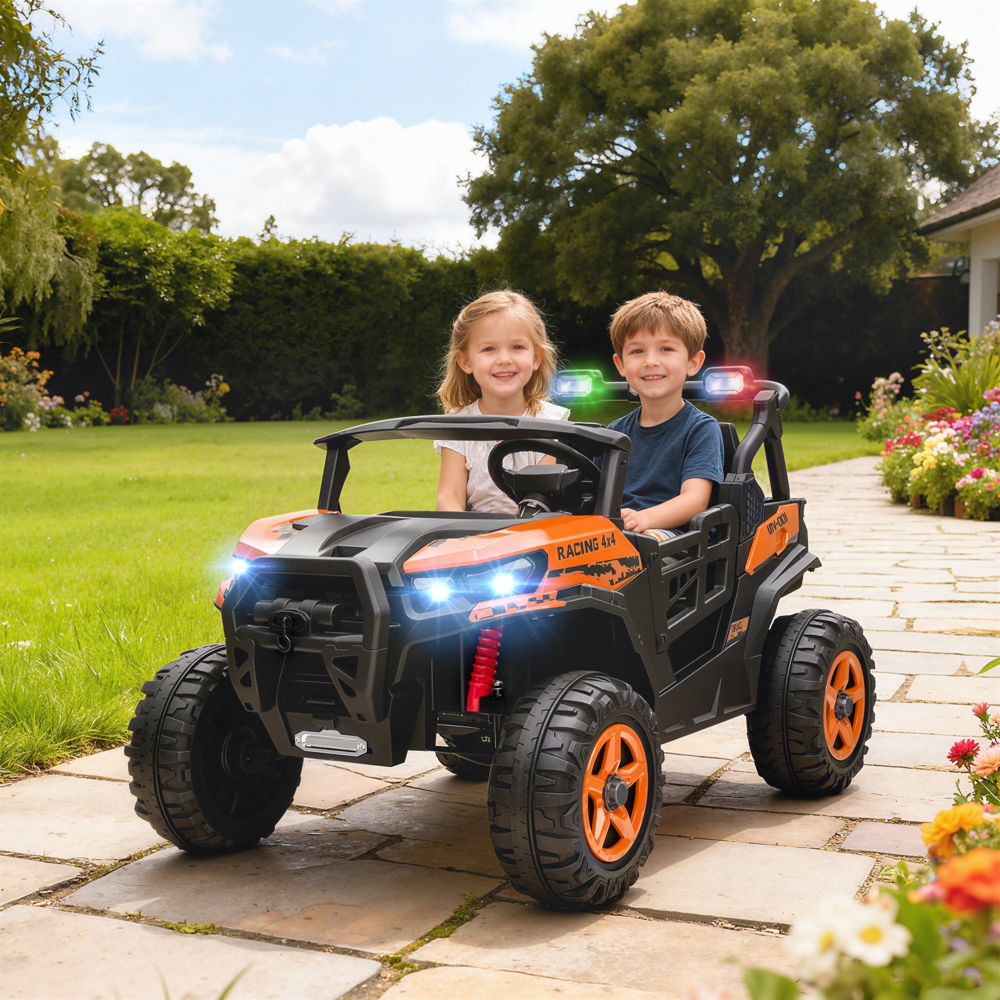 AIYAPLAY 24V Electric Ride on Car, 2-Seater Electric Car for Kids with Remote, Bluetooth, Soft Start, Suspension Spring, Orange 