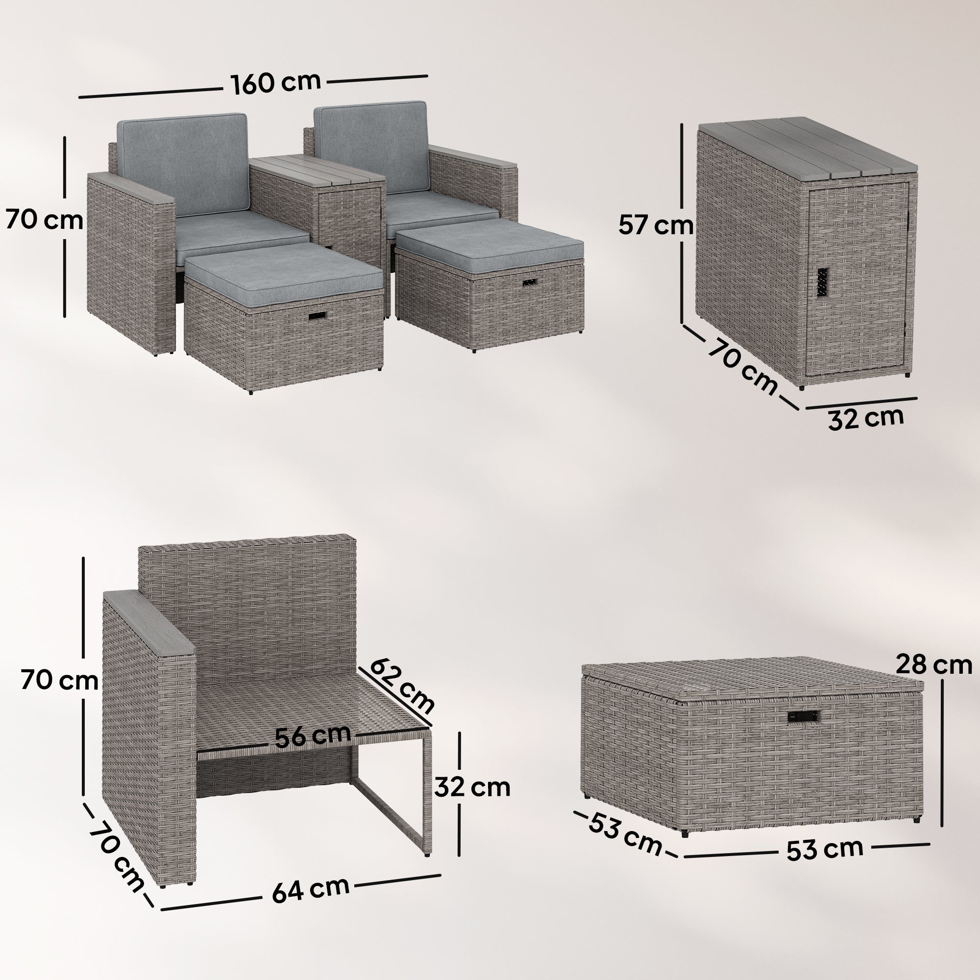 Outsunny 5 Piece Rattan Garden Furniture Set with Storage Table, Footstools, Cushions, Dark Grey 