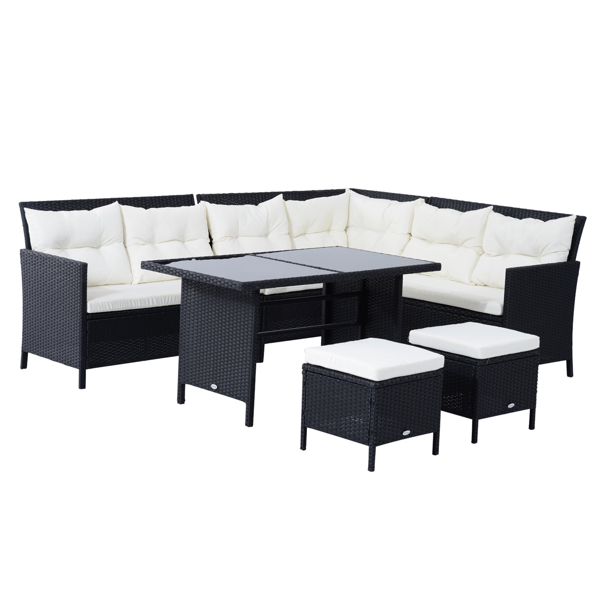 Outsunny 8-Seater Garden Rattan Furniture Rattan Corner Dining Sofa Set Wicker Conservatory Furniture Lawn Patio Coffee Table Foot Stool w/Cushion-Black 