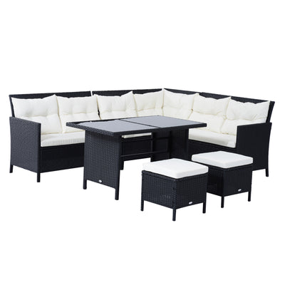 Outsunny 8-Seater Garden Rattan Furniture Rattan Corner Dining Sofa Set Wicker Conservatory Furniture Lawn Patio Coffee Table Foot Stool w/Cushion-Black 