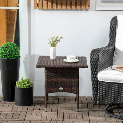 Outsunny Outdoor Rattan Side Table Coffee Table with Plastic Board, Full Woven Table Top for Patio, Garden, Balcony, Mixed Brown 
