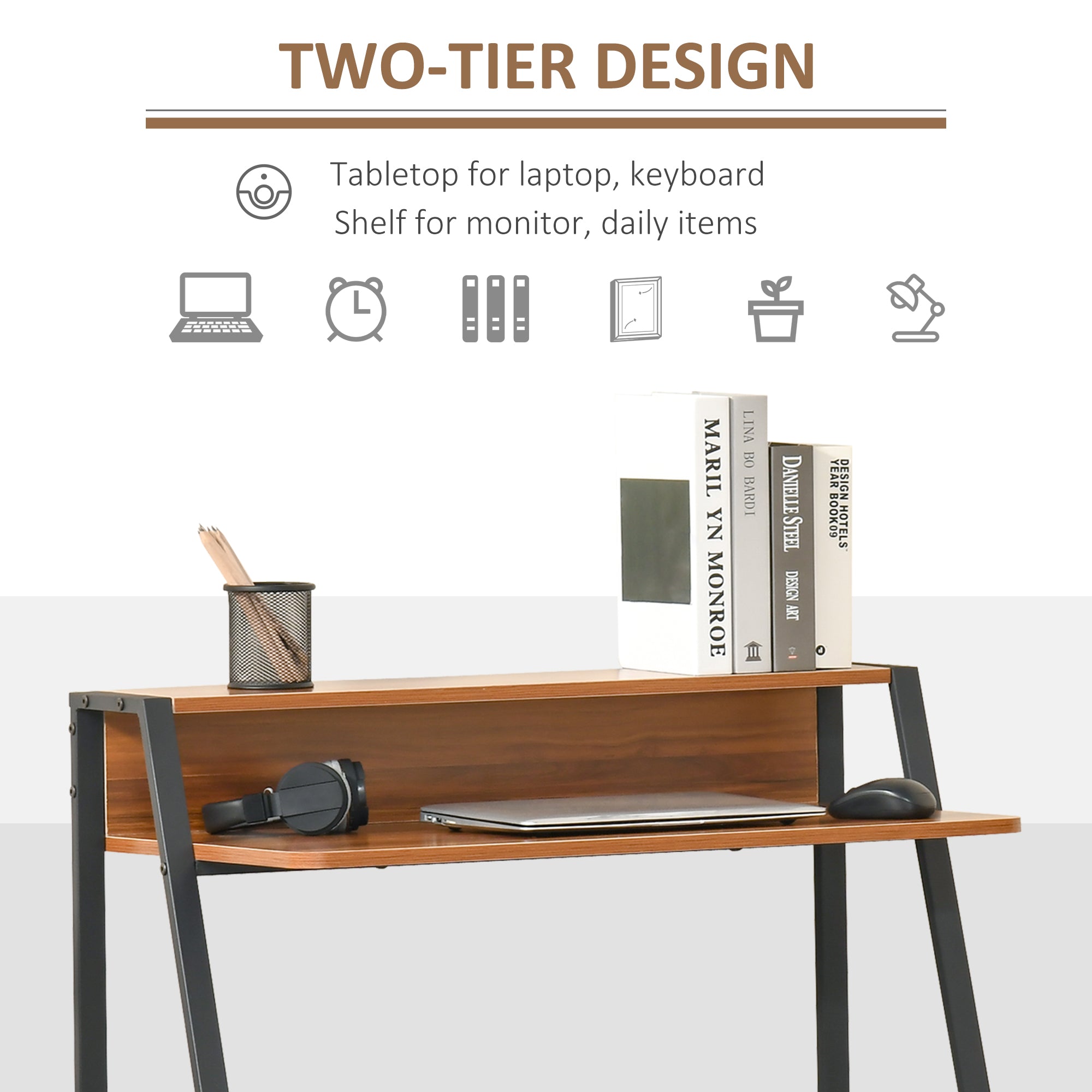 HOMCOM Writing Desk Computer Table Home Office PC Laptop Workstation Storage Shelf 84L x 45W cm Walnut 