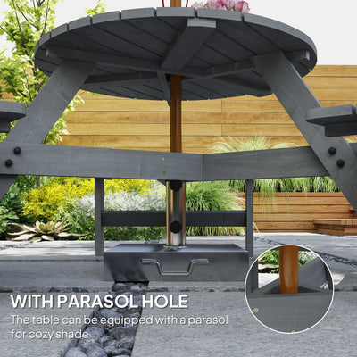 Outsunny 6 Seater Wooden Picnic Table and Garden Benches Set, Round Garden Dining Set with 3 Benches and Umbrella Hole Outdoor Garden Park, Grey 