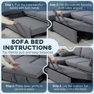 HOMCOM Corner Sofa Bed, L Shaped Sleeper Sectional Sofa with Reversible Storage Chaise, Grey 
