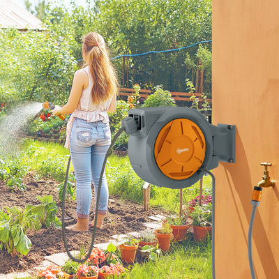 Outsunny Retractable Hose Reel Wall Mounted, 30+2m Garden Hose Pipe Reel with Lock, Auto Rewind, 7 in 1 Spray Nozzle, Includes Wall Fixings, 180° Swivel, Outdoor Watering, Orange 