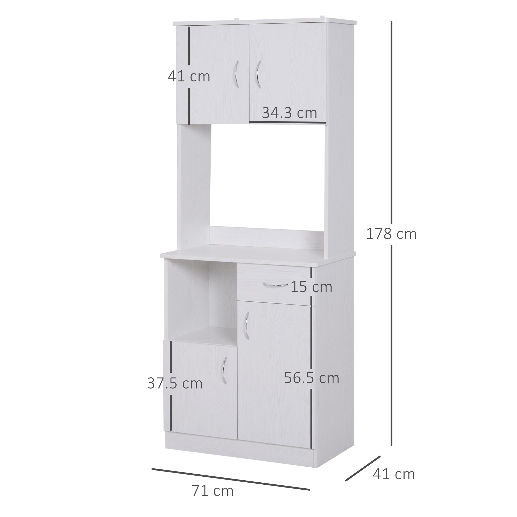 HOMCOM Tall Kitchen Cupboard, Kitchen Cabinet with Doors, Shelves, Drawer and Open Countertop, Storage Cabinet for Living Room, Dining Room, White 