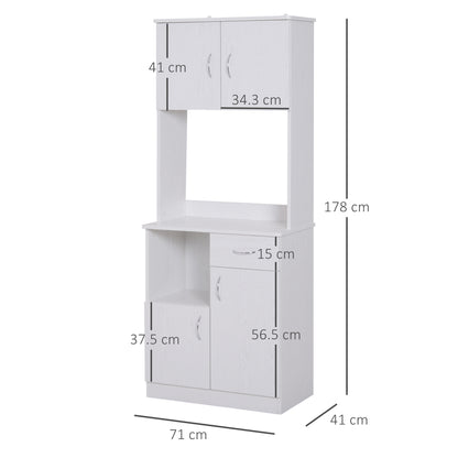 HOMCOM Tall Kitchen Cupboard, Kitchen Cabinet with Doors, Shelves, Drawer and Open Countertop, Storage Cabinet for Living Room, Dining Room, White 