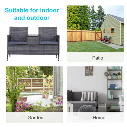 Outsunny 2-Seater PE Rattan Outdoor Garden Bench w/ Centre Table Grey 