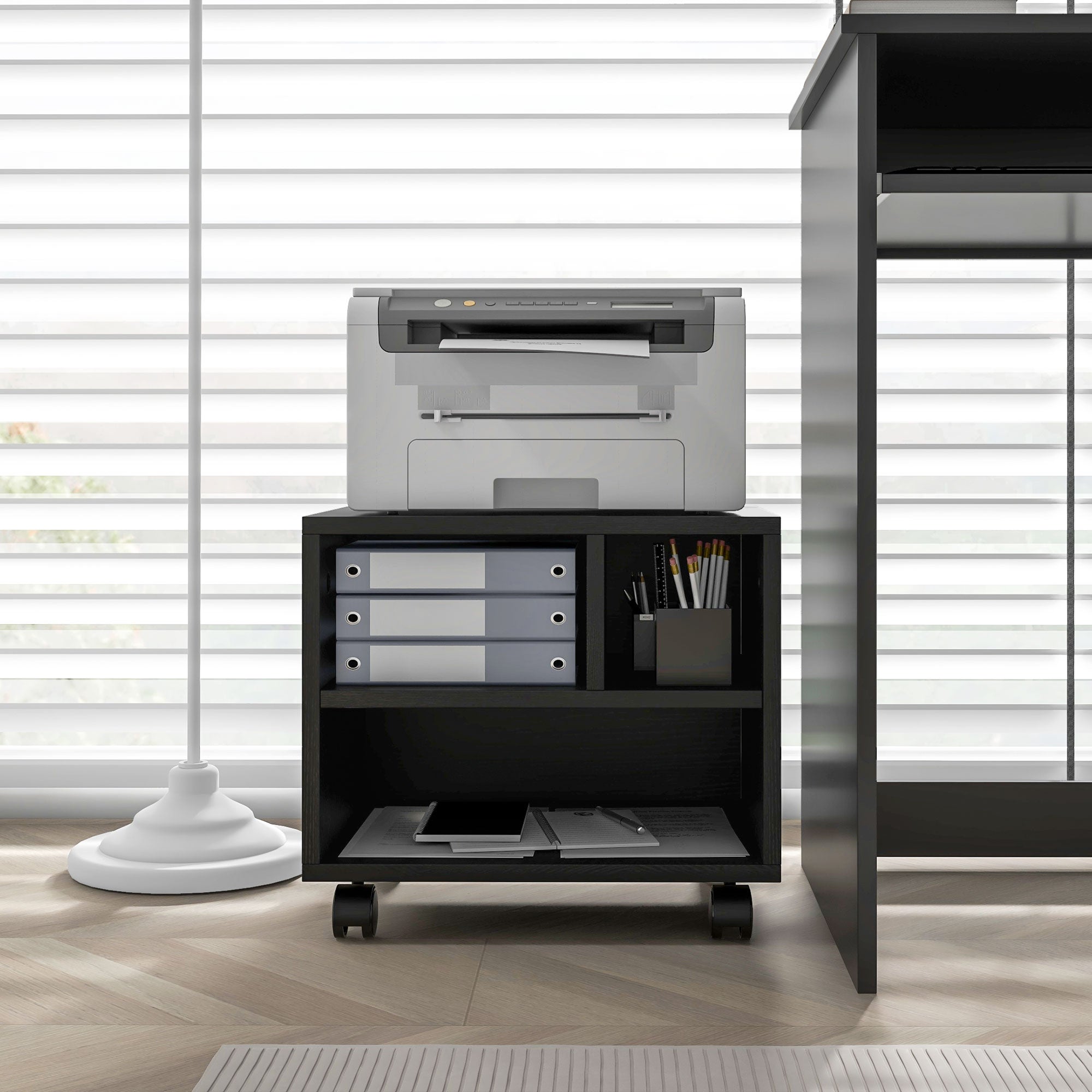 HOMCOM Three-Compartment Printer Cabinet, with Wheels - Black 