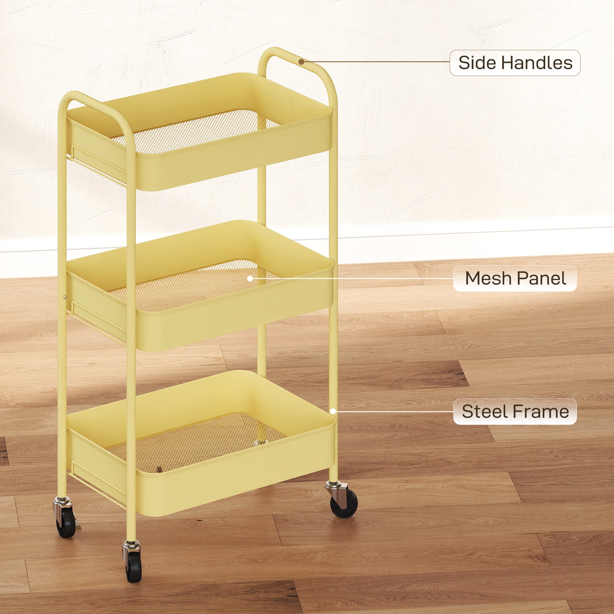 HOMCOM Three-Tier Steel Storage Trolley - Yellow